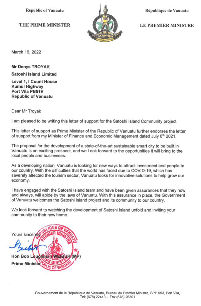 نخست وزیر وانواتو(Vanuatu) با پروژه کریپتو جزیره ساتوشی موافقت کرد