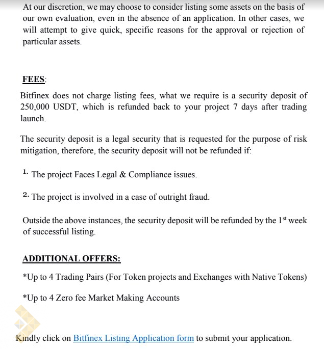 یک سند فهرست جعلی Bitfinex، که ادعا شده است برای شروع فرآیند به سپرده گذاری به واریز 250 هزار USDT نیاز دارد.