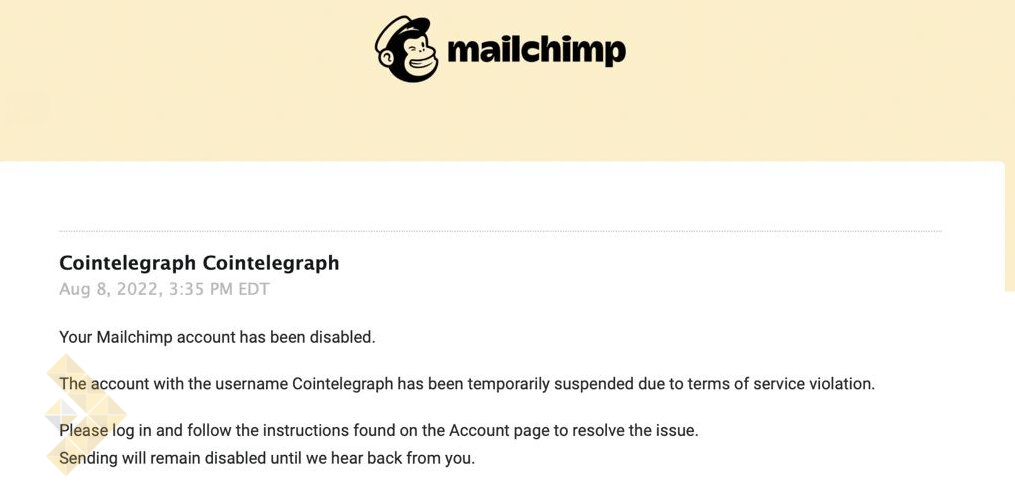 شرکت Mailchimp تولیدکنندگان محتوای کریپتو را بدون اطلاع قبلی مسدود میکند